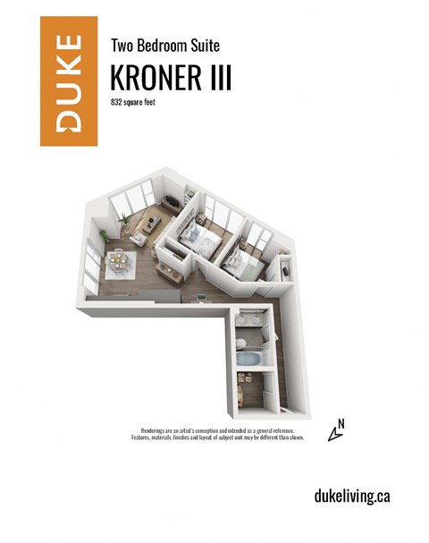 Floor plan for 2 beds, 1 bath, 832 sqft